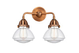288-2W-AC-G322 2-Light 14.75" Antique Copper Bath Vanity Light - Clear Olean Glass - LED Bulb - Dimmensions: 14.75 x 6.875 x 11.375 - Glass Up or Down: Yes