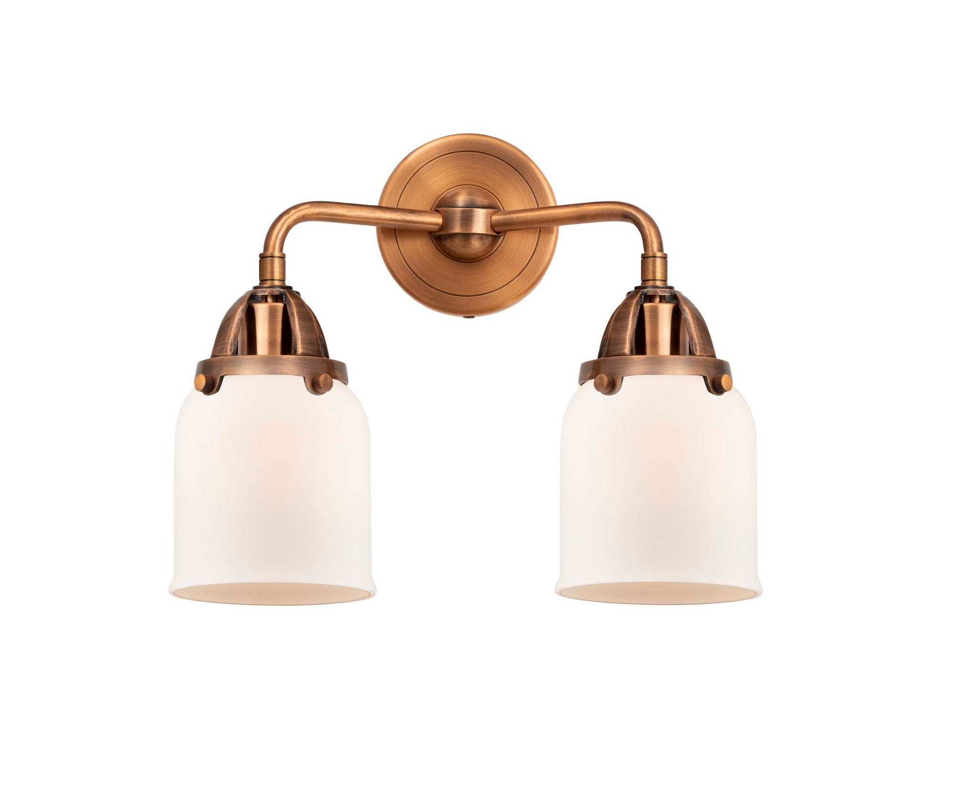 288-2W-AC-G51 2-Light 13" Antique Copper Bath Vanity Light - Matte White Cased Small Bell Glass - LED Bulb - Dimmensions: 13 x 6.75 x 12.125 - Glass Up or Down: Yes