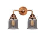 288-2W-AC-G53 2-Light 13" Antique Copper Bath Vanity Light - Plated Smoke Small Bell Glass - LED Bulb - Dimmensions: 13 x 6.75 x 12.125 - Glass Up or Down: Yes