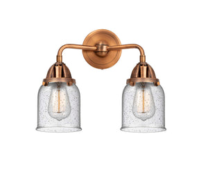 288-2W-AC-G54 2-Light 13" Antique Copper Bath Vanity Light - Seedy Small Bell Glass - LED Bulb - Dimmensions: 13 x 6.75 x 12.125 - Glass Up or Down: Yes