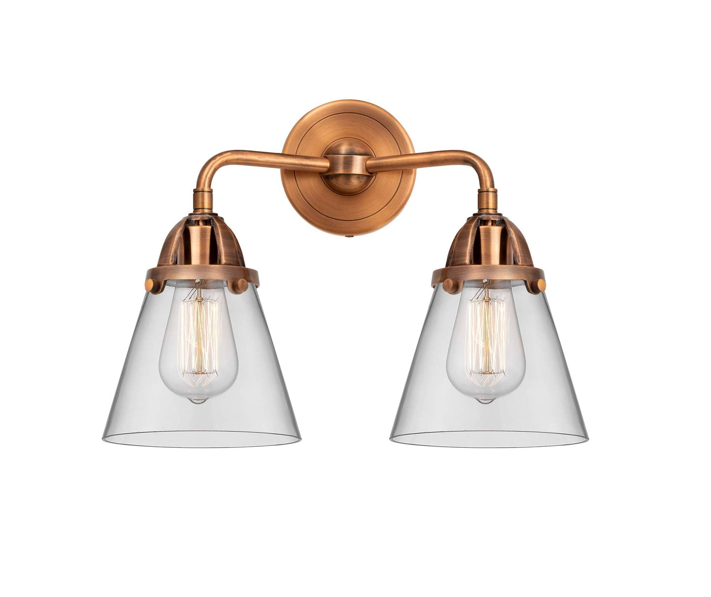 288-2W-AC-G62 2-Light 14.25" Antique Copper Bath Vanity Light - Clear Small Cone Glass - LED Bulb - Dimmensions: 14.25 x 7.375 x 12.125 - Glass Up or Down: Yes