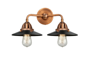 288-2W-AC-M6-BK 2-Light 16" Antique Copper Bath Vanity Light - Matte Black Railroad Shade - LED Bulb - Dimmensions: 16 x 8.25 x 8.375 - Glass Up or Down: Yes