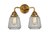 288-2W-BB-G142 2-Light 14" Brushed Brass Bath Vanity Light - Clear Chatham Glass - LED Bulb - Dimmensions: 14 x 7.25 x 12.125 - Glass Up or Down: Yes