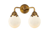 288-2W-BB-G201-6 2-Light 14" Brushed Brass Bath Vanity Light - Matte White Cased Beacon Glass - LED Bulb - Dimmensions: 14 x 7.25 x 12.125 - Glass Up or Down: Yes