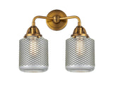 288-2W-BB-G262 2-Light 14" Brushed Brass Bath Vanity Light - Vintage Wire Mesh Stanton Glass - LED Bulb - Dimmensions: 14 x 7.25 x 14.125 - Glass Up or Down: Yes