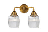 288-2W-BB-G302 2-Light 13.5" Brushed Brass Bath Vanity Light - Thick Clear Halophane Colton Glass - LED Bulb - Dimmensions: 13.5 x 7 x 12.375 - Glass Up or Down: Yes