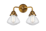 288-2W-BB-G324 2-Light 14.75" Brushed Brass Bath Vanity Light - Seedy Olean Glass - LED Bulb - Dimmensions: 14.75 x 6.875 x 11.375 - Glass Up or Down: Yes