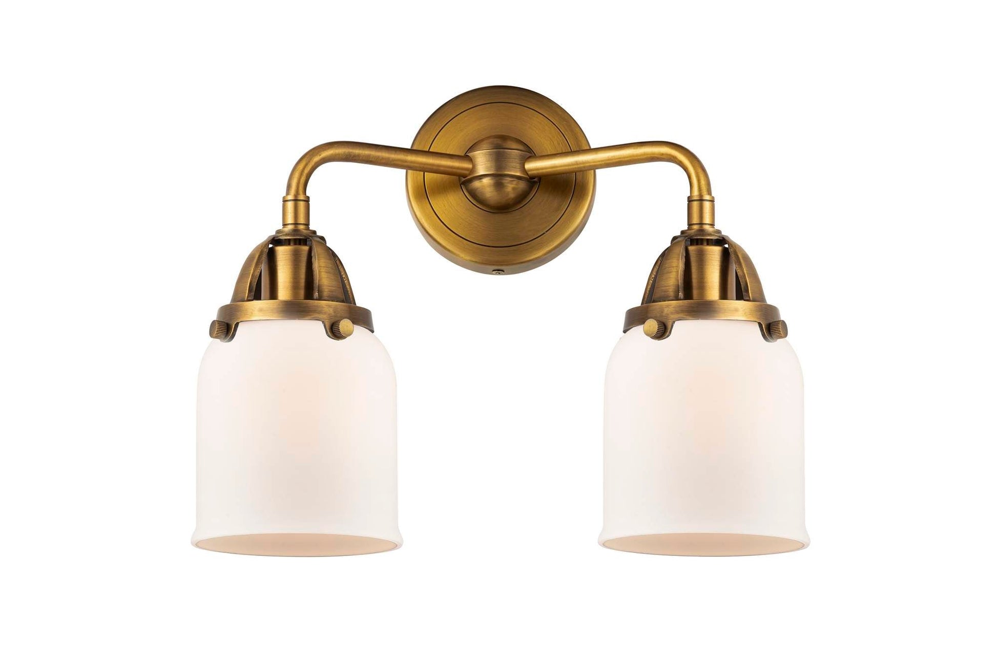 288-2W-BB-G51 2-Light 13" Brushed Brass Bath Vanity Light - Matte White Cased Small Bell Glass - LED Bulb - Dimmensions: 13 x 6.75 x 12.125 - Glass Up or Down: Yes