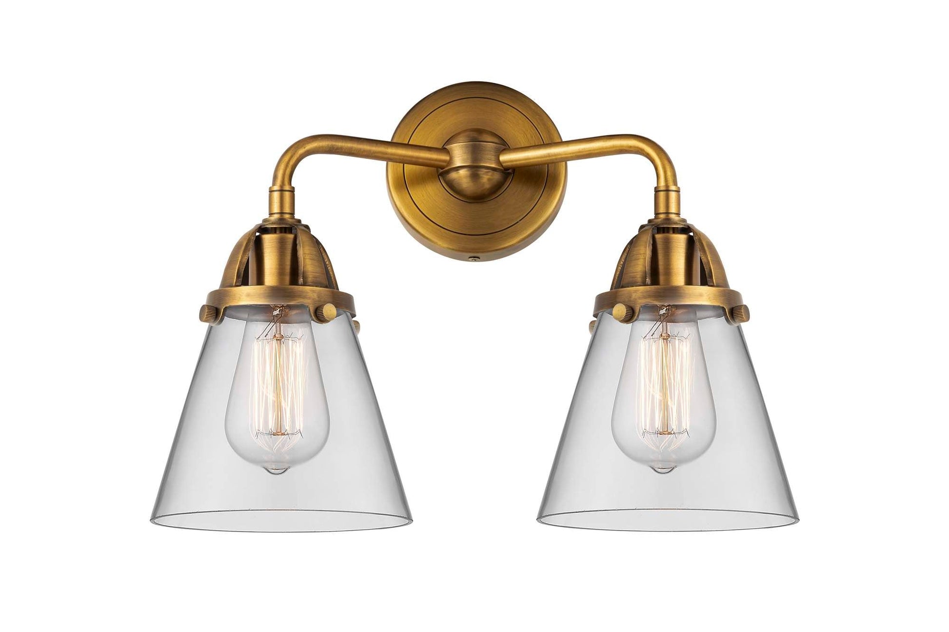 288-2W-BB-G62 2-Light 14.25" Brushed Brass Bath Vanity Light - Clear Small Cone Glass - LED Bulb - Dimmensions: 14.25 x 7.375 x 12.125 - Glass Up or Down: Yes