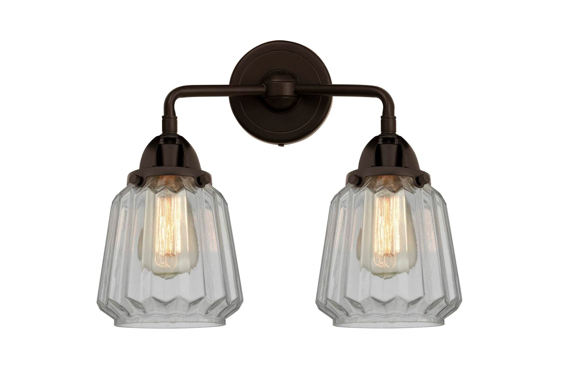 288-2W-OB-G142 2-Light 14" Oil Rubbed Bronze Bath Vanity Light - Clear Chatham Glass - LED Bulb - Dimmensions: 14 x 7.25 x 12.125 - Glass Up or Down: Yes