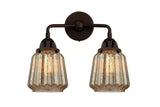 288-2W-OB-G146 2-Light 14" Oil Rubbed Bronze Bath Vanity Light - Mercury Plated Chatham Glass - LED Bulb - Dimmensions: 14 x 7.25 x 14.375 - Glass Up or Down: Yes
