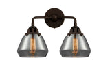 288-2W-OB-G173 2-Light 14.75" Oil Rubbed Bronze Bath Vanity Light - Plated Smoke Fulton Glass - LED Bulb - Dimmensions: 14.75 x 7.625 x 11.625 - Glass Up or Down: Yes
