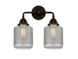 288-2W-OB-G262 2-Light 14" Oil Rubbed Bronze Bath Vanity Light - Vintage Wire Mesh Stanton Glass - LED Bulb - Dimmensions: 14 x 7.25 x 14.125 - Glass Up or Down: Yes