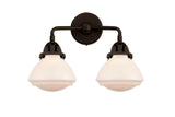 288-2W-OB-G321 2-Light 14.75" Oil Rubbed Bronze Bath Vanity Light - Matte White Olean Glass - LED Bulb - Dimmensions: 14.75 x 6.875 x 11.375 - Glass Up or Down: Yes
