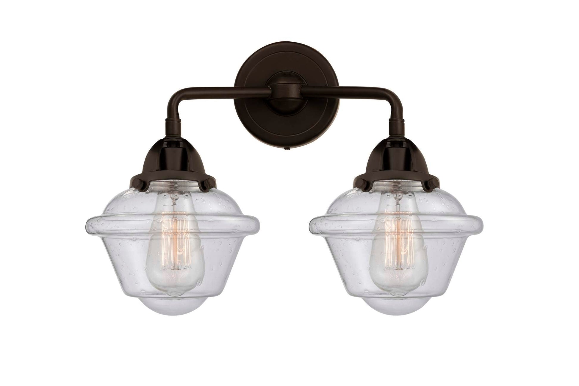 288-2W-OB-G534 2-Light 15.5" Oil Rubbed Bronze Bath Vanity Light - Seedy Small Oxford Glass - LED Bulb - Dimmensions: 15.5 x 8 x 12.125 - Glass Up or Down: Yes