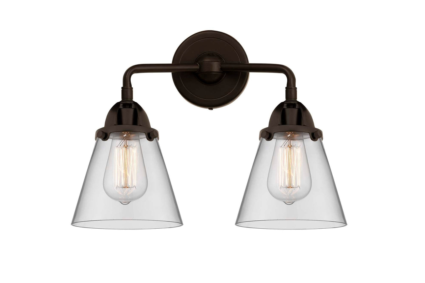 288-2W-OB-G62 2-Light 14.25" Oil Rubbed Bronze Bath Vanity Light - Clear Small Cone Glass - LED Bulb - Dimmensions: 14.25 x 7.375 x 12.125 - Glass Up or Down: Yes