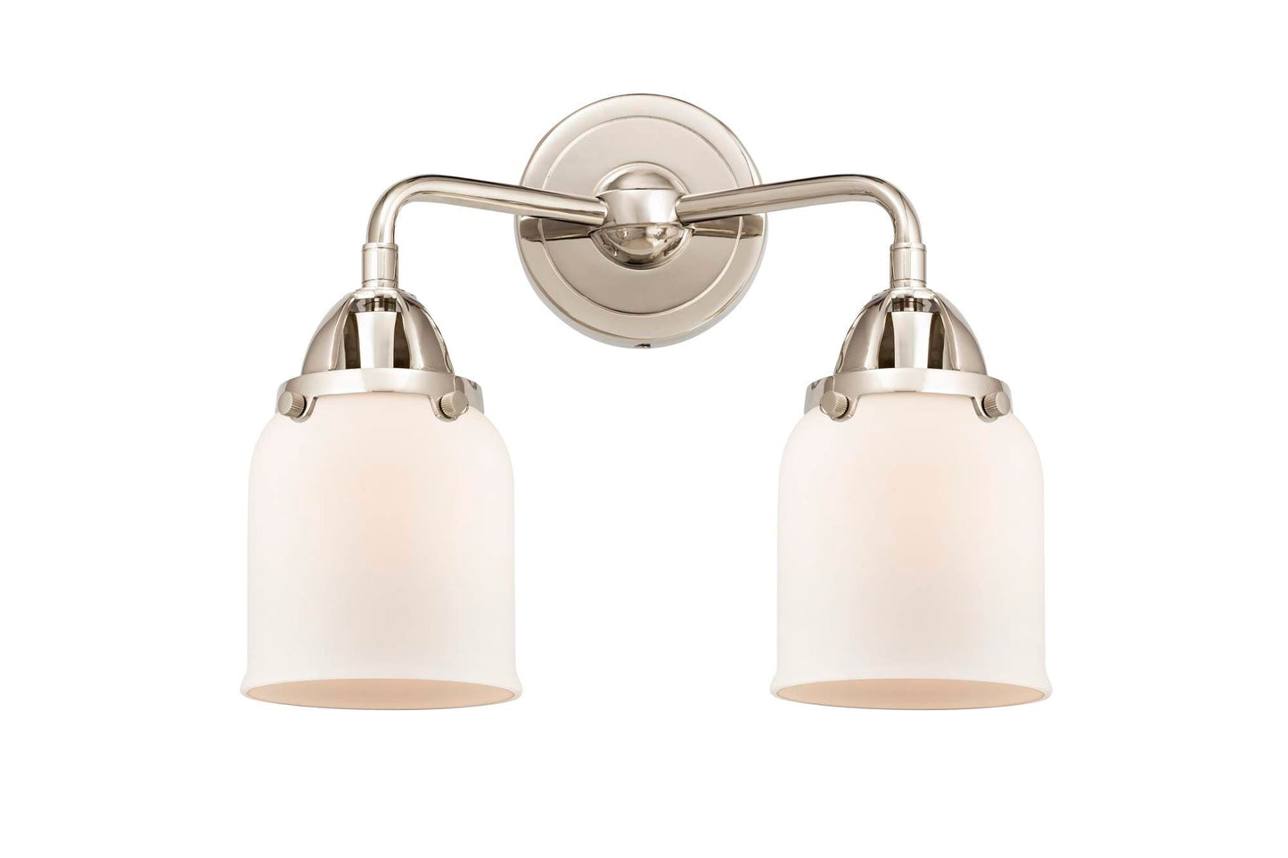 288-2W-PN-G51 2-Light 13" Polished Nickel Bath Vanity Light - Matte White Cased Small Bell Glass - LED Bulb - Dimmensions: 13 x 6.75 x 12.125 - Glass Up or Down: Yes