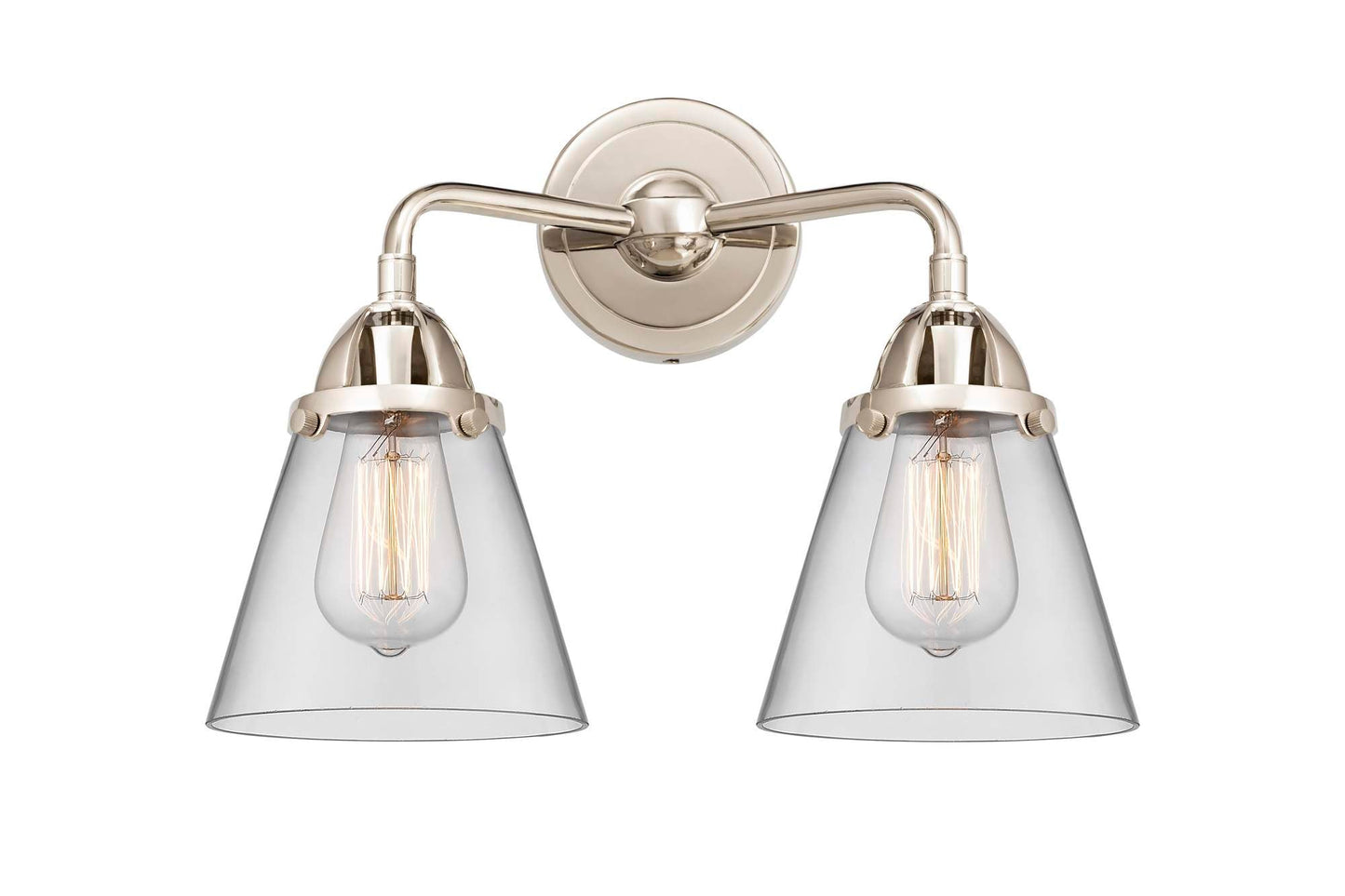 288-2W-PN-G62 2-Light 14.25" Polished Nickel Bath Vanity Light - Clear Small Cone Glass - LED Bulb - Dimmensions: 14.25 x 7.375 x 12.125 - Glass Up or Down: Yes