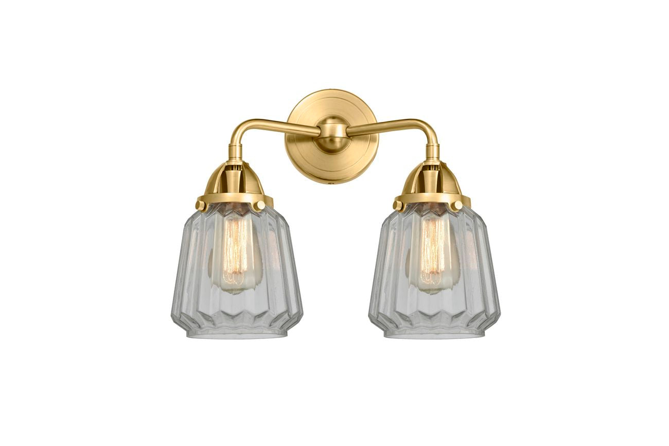 288-2W-SG-G142 2-Light 14" Satin Gold Bath Vanity Light - Clear Chatham Glass - LED Bulb - Dimmensions: 14 x 7.25 x 12.125 - Glass Up or Down: Yes