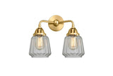 288-2W-SG-G142 2-Light 14" Satin Gold Bath Vanity Light - Clear Chatham Glass - LED Bulb - Dimmensions: 14 x 7.25 x 12.125 - Glass Up or Down: Yes