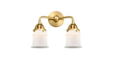 288-2W-SG-G181S 2-Light 13.25" Satin Gold Bath Vanity Light - Matte White Small Canton Glass - LED Bulb - Dimmensions: 13.25 x 6.875 x 11.875 - Glass Up or Down: Yes