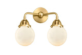 288-2W-SG-G201-6 2-Light 14" Satin Gold Bath Vanity Light - Matte White Cased Beacon Glass - LED Bulb - Dimmensions: 14 x 7.25 x 12.125 - Glass Up or Down: Yes