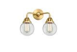 288-2W-SG-G202-6 2-Light 14" Satin Gold Bath Vanity Light - Clear Beacon Glass - LED Bulb - Dimmensions: 14 x 7.25 x 12.125 - Glass Up or Down: Yes