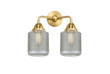 288-2W-SG-G262 2-Light 14" Satin Gold Bath Vanity Light - Vintage Wire Mesh Stanton Glass - LED Bulb - Dimmensions: 14 x 7.25 x 14.125 - Glass Up or Down: Yes