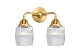 288-2W-SG-G302 2-Light 13.5" Satin Gold Bath Vanity Light - Thick Clear Halophane Colton Glass - LED Bulb - Dimmensions: 13.5 x 7 x 12.375 - Glass Up or Down: Yes
