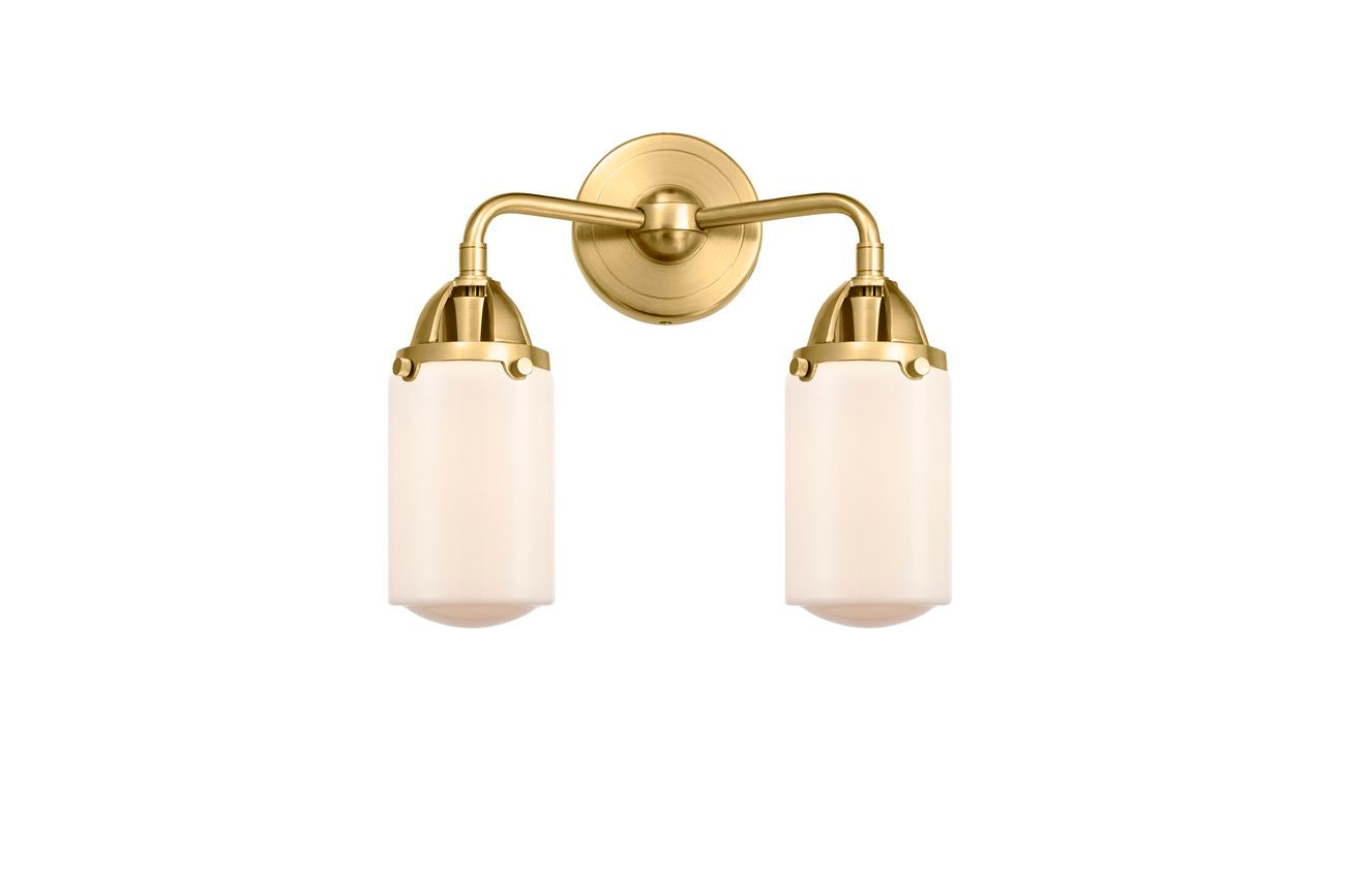 288-2W-SG-G311 2-Light 12.5" Satin Gold Bath Vanity Light - Matte White Cased Dover Glass - LED Bulb - Dimmensions: 12.5 x 6.5 x 12.875 - Glass Up or Down: Yes