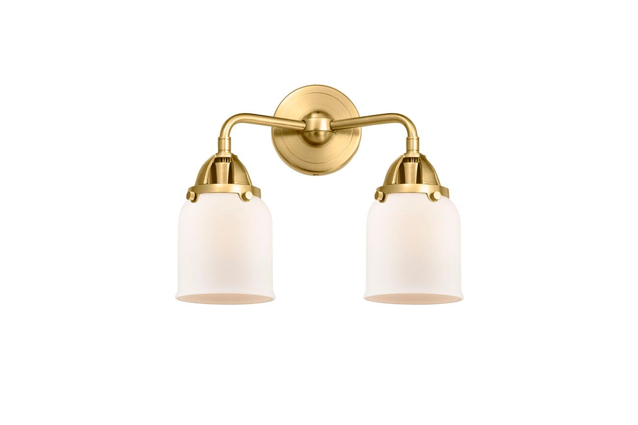 288-2W-SG-G51 2-Light 13" Satin Gold Bath Vanity Light - Matte White Cased Small Bell Glass - LED Bulb - Dimmensions: 13 x 6.75 x 12.125 - Glass Up or Down: Yes
