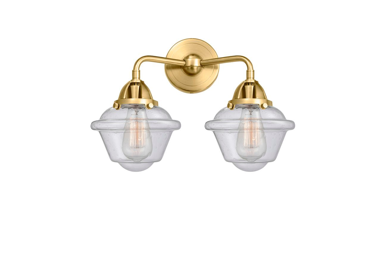 288-2W-SG-G534 2-Light 15.5" Satin Gold Bath Vanity Light - Seedy Small Oxford Glass - LED Bulb - Dimmensions: 15.5 x 8 x 12.125 - Glass Up or Down: Yes