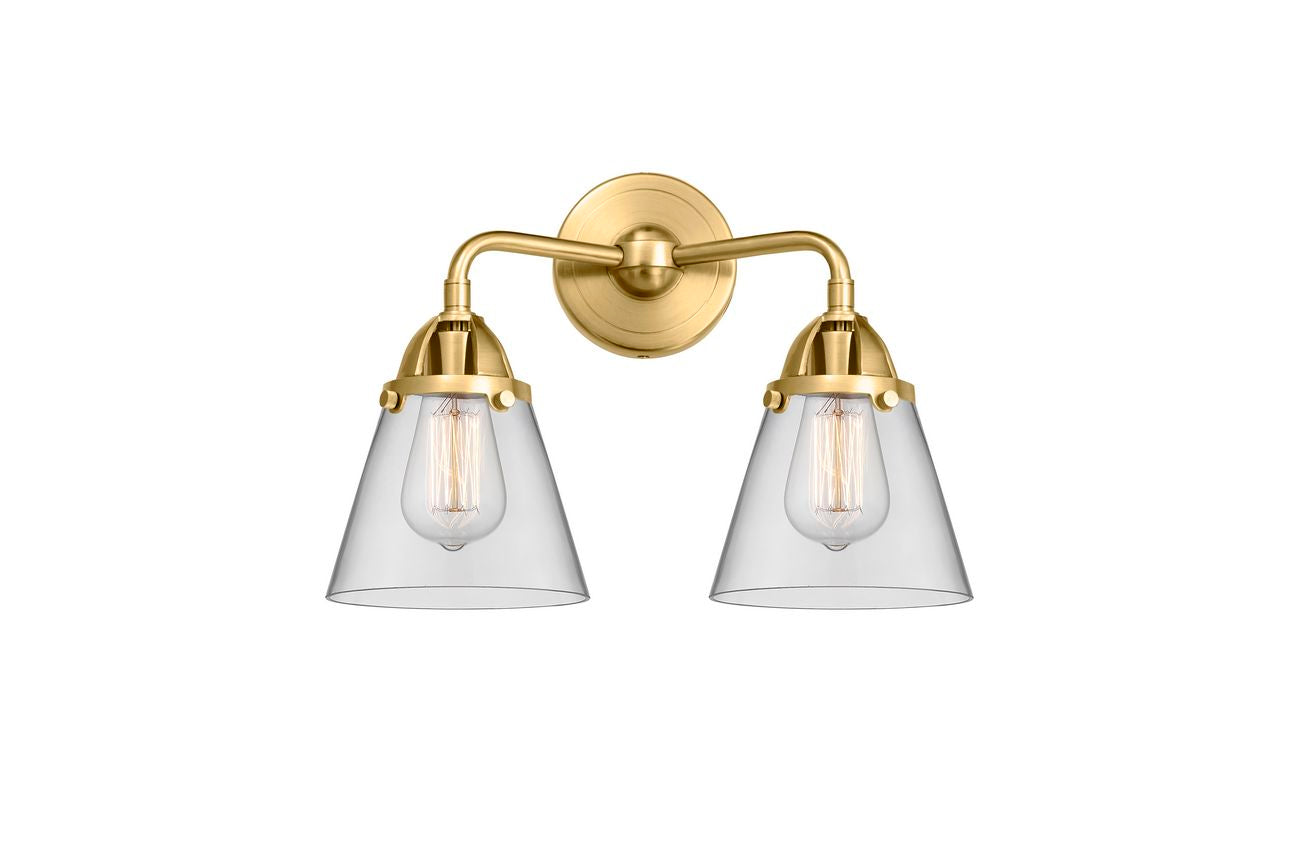 288-2W-SG-G62 2-Light 14.25" Satin Gold Bath Vanity Light - Clear Small Cone Glass - LED Bulb - Dimmensions: 14.25 x 7.375 x 12.125 - Glass Up or Down: Yes