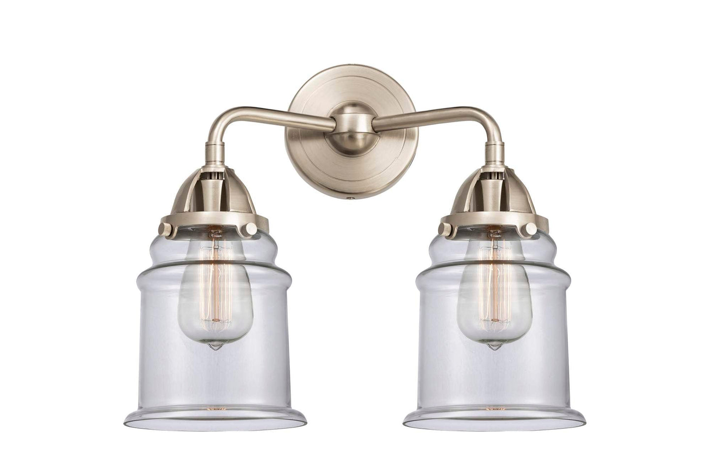 288-2W-SN-G182 2-Light 14" Brushed Satin Nickel Bath Vanity Light - Clear Canton Glass - LED Bulb - Dimmensions: 14 x 7.25 x 13.625 - Glass Up or Down: Yes