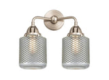 288-2W-SN-G262 2-Light 14" Brushed Satin Nickel Bath Vanity Light - Vintage Wire Mesh Stanton Glass - LED Bulb - Dimmensions: 14 x 7.25 x 14.125 - Glass Up or Down: Yes