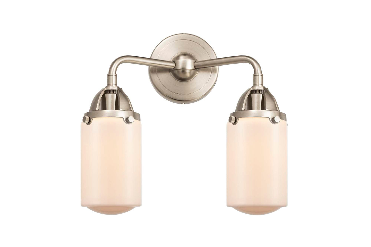 288-2W-SN-G311 2-Light 12.5" Brushed Satin Nickel Bath Vanity Light - Matte White Cased Dover Glass - LED Bulb - Dimmensions: 12.5 x 6.5 x 12.875 - Glass Up or Down: Yes