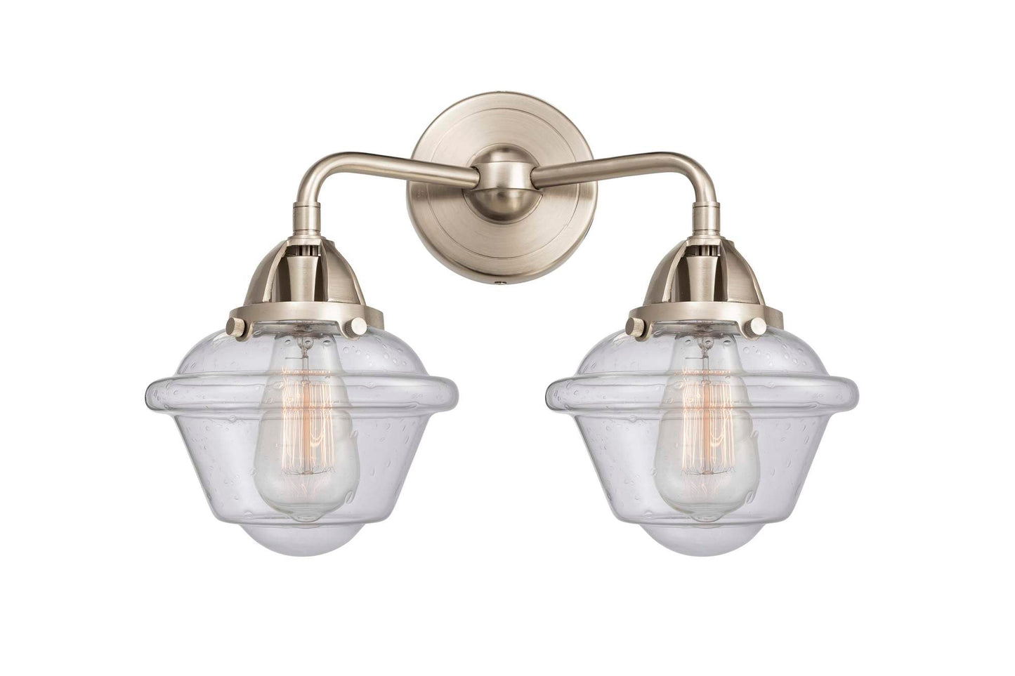 288-2W-SN-G534 2-Light 15.5" Brushed Satin Nickel Bath Vanity Light - Seedy Small Oxford Glass - LED Bulb - Dimmensions: 15.5 x 8 x 12.125 - Glass Up or Down: Yes