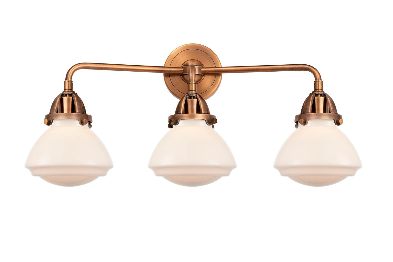 288-3W-AC-G321 3-Light 24.75" Antique Copper Bath Vanity Light - Matte White Olean Glass - LED Bulb - Dimmensions: 24.75 x 6.875 x 9.375 - Glass Up or Down: Yes
