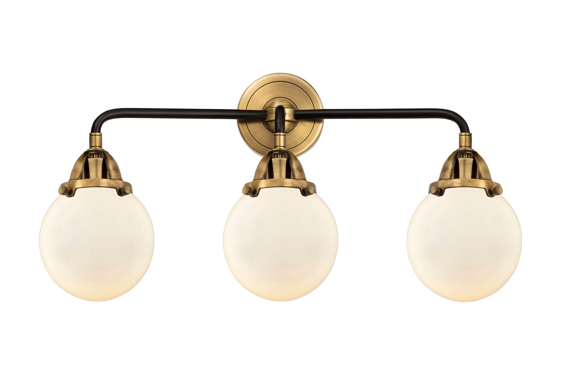 3-Light 24" Black Antique Brass Bath Vanity Light - Matte White Cased Beacon Glass Shades - Choice of Finish And Incandesent Or LED Bulbs