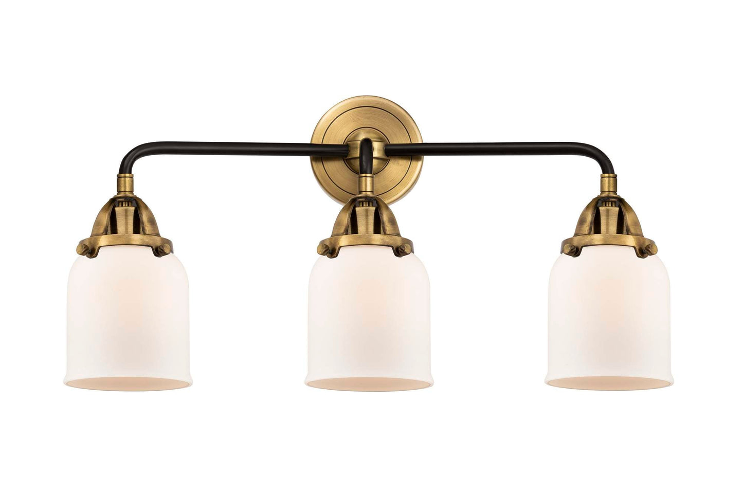 3-Light 23" Black Antique Brass Bath Vanity Light - Matte White Cased Small Bell Glass Shade - LED Bulbs