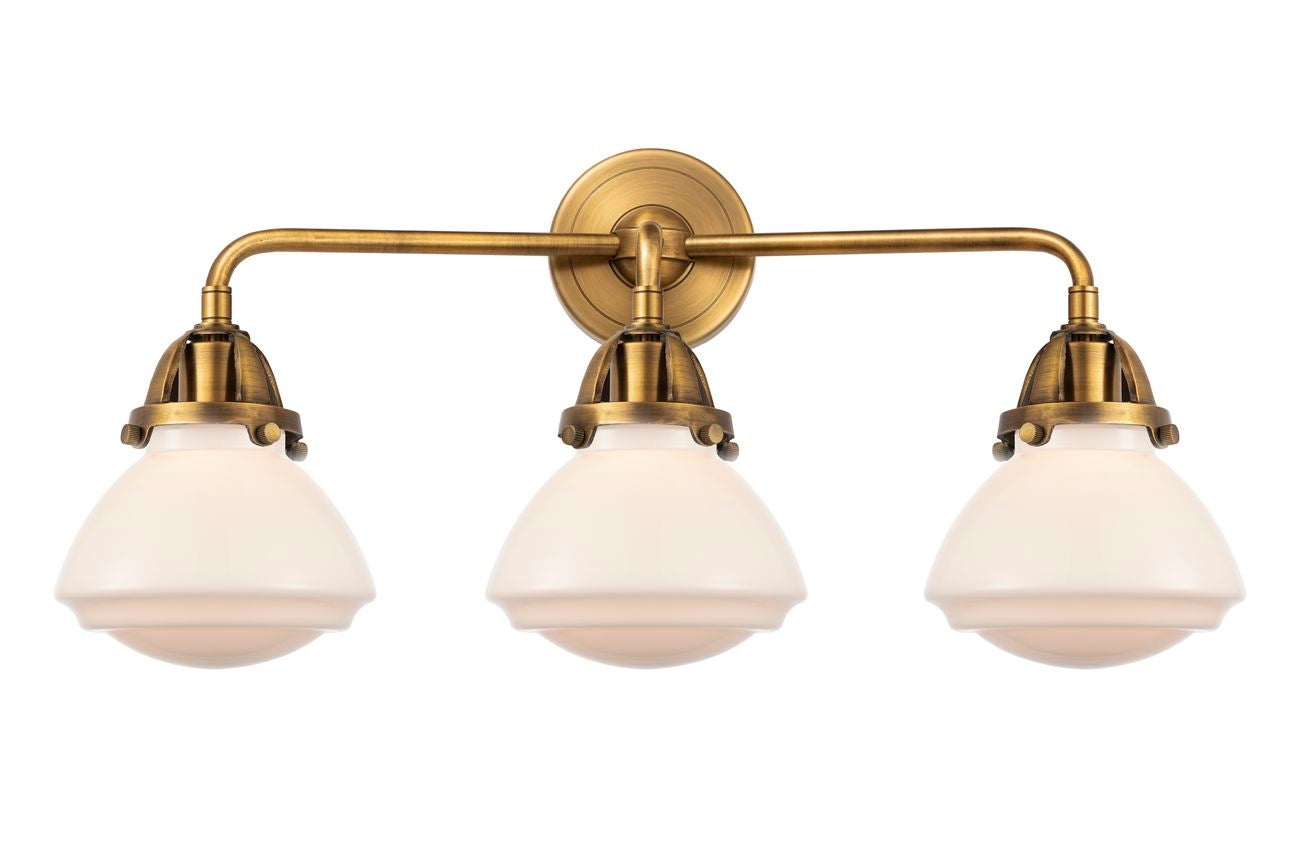 288-3W-BB-G321 3-Light 24.75" Brushed Brass Bath Vanity Light - Matte White Olean Glass - LED Bulb - Dimmensions: 24.75 x 6.875 x 9.375 - Glass Up or Down: Yes