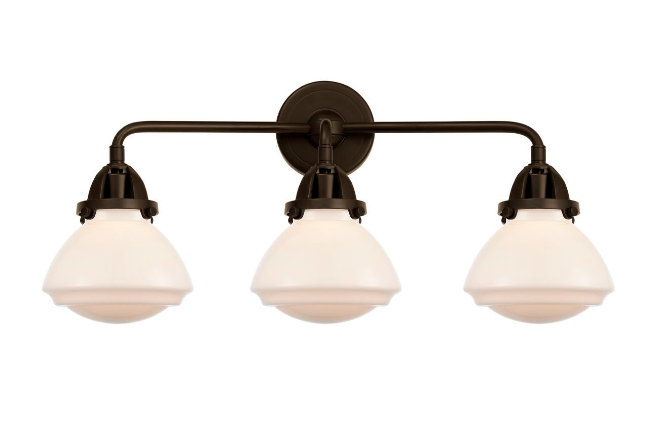 288-3W-OB-G321 3-Light 24.75" Oil Rubbed Bronze Bath Vanity Light - Matte White Olean Glass - LED Bulb - Dimmensions: 24.75 x 6.875 x 9.375 - Glass Up or Down: Yes