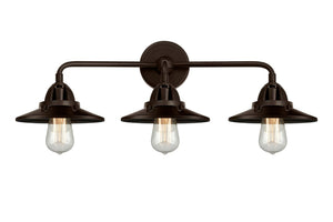288-3W-OB-M5-OB 3-Light 26" Oil Rubbed Bronze Bath Vanity Light - Oil Rubbed Bronze Railroad Shade - LED Bulb - Dimmensions: 26 x 8.25 x 6.375 - Glass Up or Down: Yes