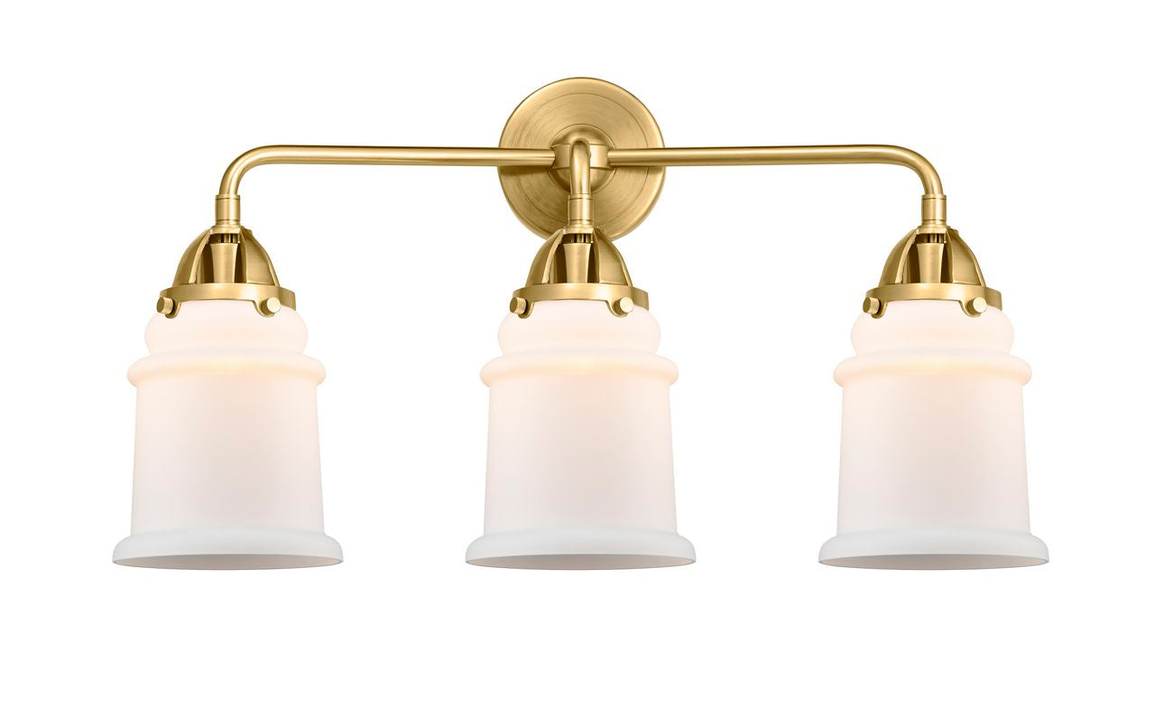 288-3W-SG-G181 3-Light 24" Satin Gold Bath Vanity Light - Matte White Canton Glass - LED Bulb - Dimmensions: 24 x 7.25 x 11.625 - Glass Up or Down: Yes