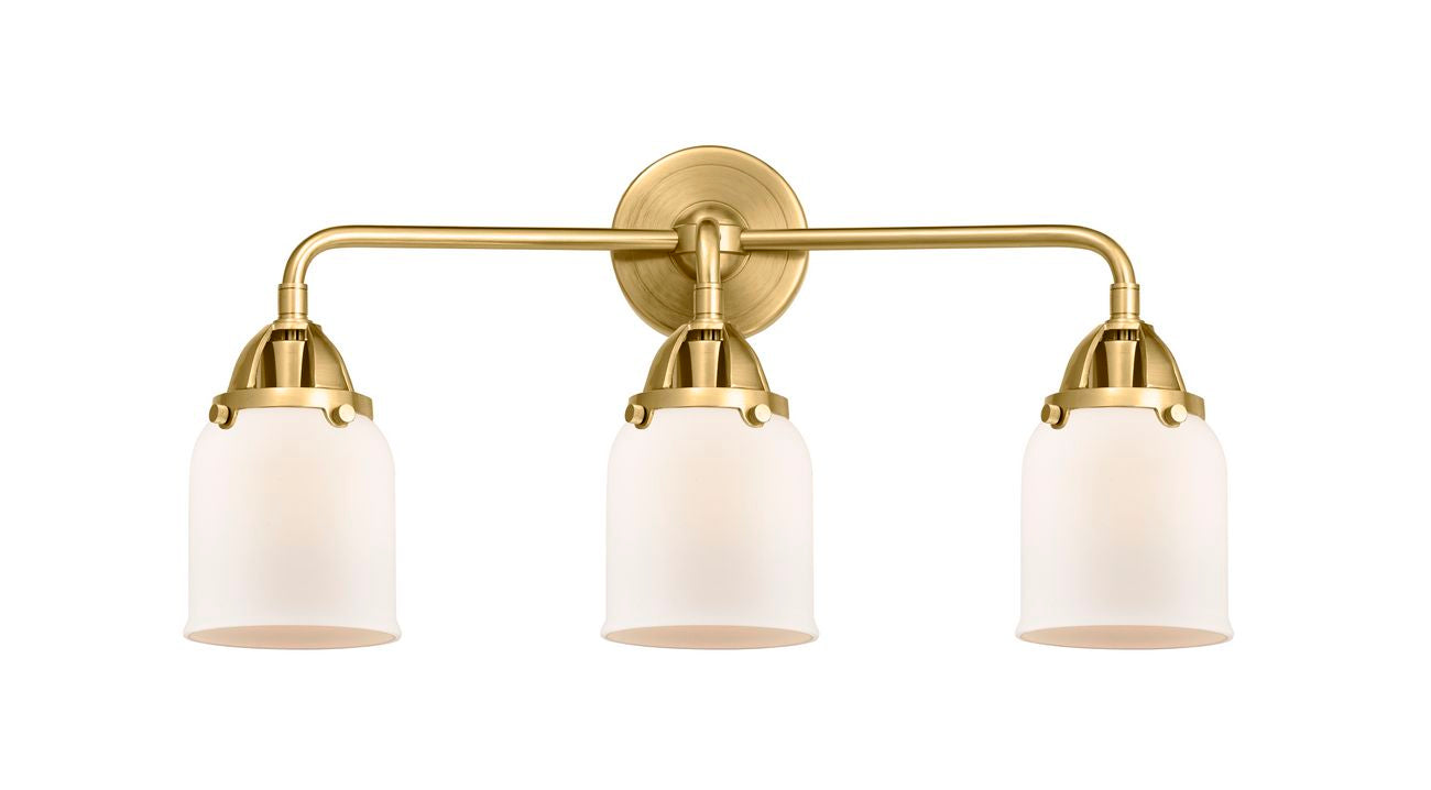 288-3W-SG-G51 3-Light 23" Satin Gold Bath Vanity Light - Matte White Cased Small Bell Glass - LED Bulb - Dimmensions: 23 x 6.75 x 10.125 - Glass Up or Down: Yes