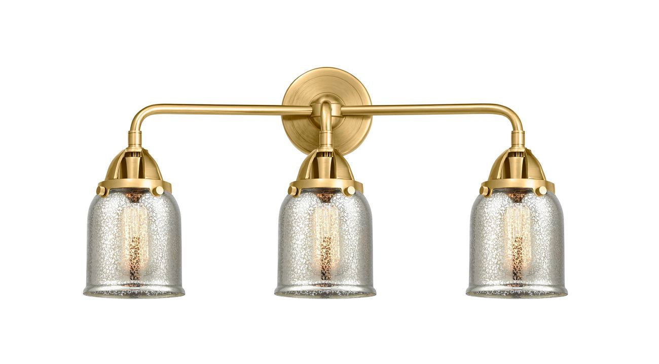288-3W-SG-G58 3-Light 23" Satin Gold Bath Vanity Light - Silver Plated Mercury Small Bell Glass - LED Bulb - Dimmensions: 23 x 6.75 x 10.125 - Glass Up or Down: Yes