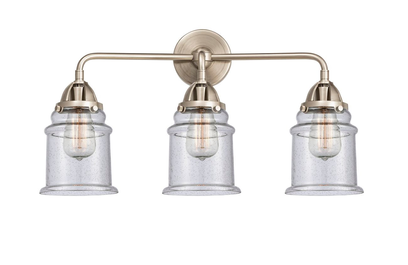 288-3W-SN-G184 3-Light 24" Brushed Satin Nickel Bath Vanity Light - Seedy Canton Glass - LED Bulb - Dimmensions: 24 x 7.25 x 11.625 - Glass Up or Down: Yes