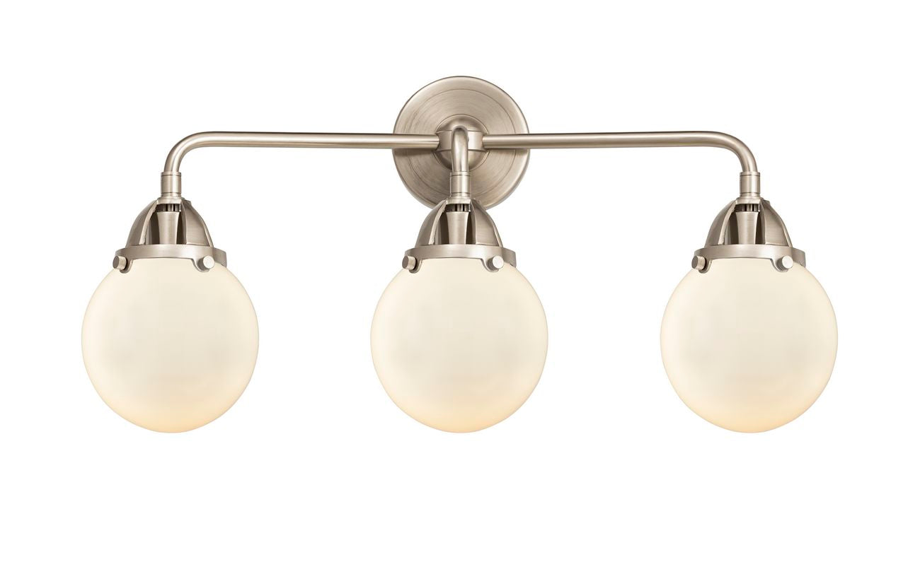 288-3W-SN-G201-6 3-Light 24" Brushed Satin Nickel Bath Vanity Light - Matte White Cased Beacon Glass - LED Bulb - Dimmensions: 24 x 7.25 x 10.125 - Glass Up or Down: Yes