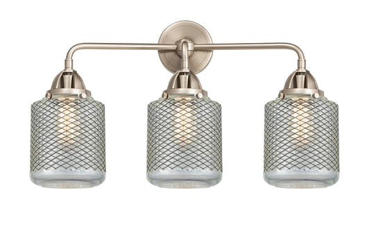 288-3W-SN-G262 3-Light 24" Brushed Satin Nickel Bath Vanity Light - Vintage Wire Mesh Stanton Glass - LED Bulb - Dimmensions: 24 x 7.25 x 12.125 - Glass Up or Down: Yes