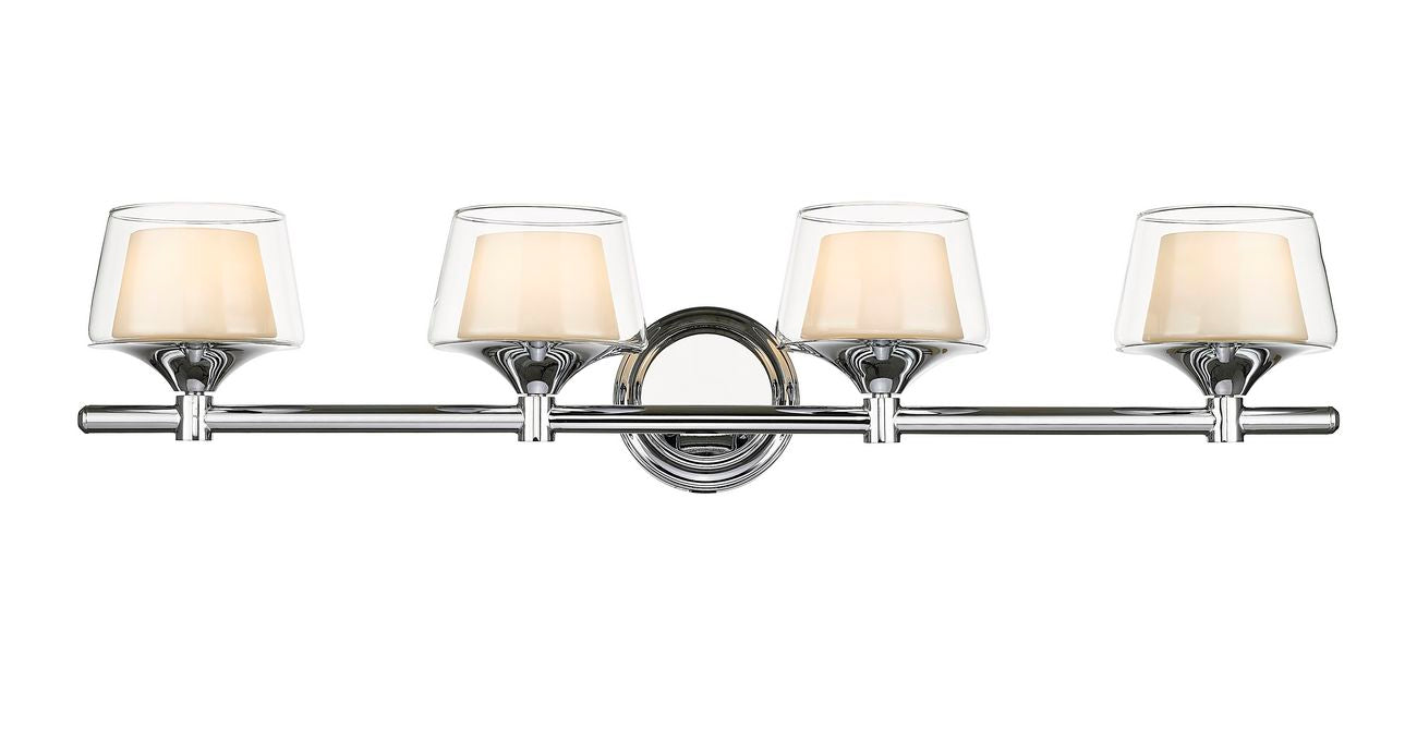 311-4W-PC-CLW 4-Light 33" Polished Chrome Bath Vanity Light - White Inner & Clear Outer Laguna Glass Glass - LED Bulb - Dimmensions: 33 x 7.5 x 7.25 - Glass Up or Down: Yes